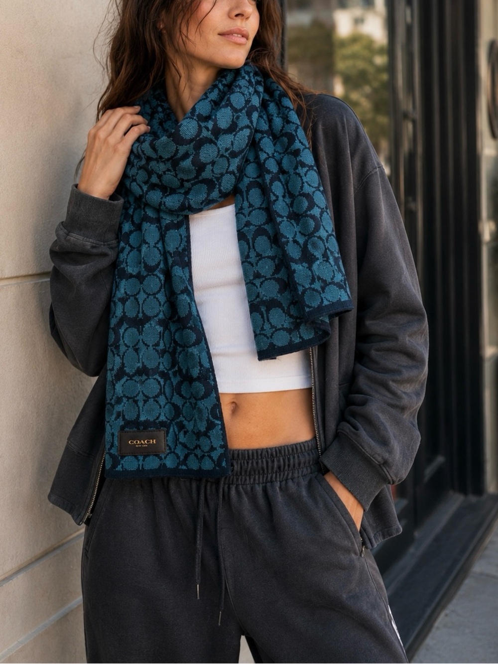 Coach Signature C Merino Wool Scarf Teal Navy 67” - Picture 3 of 3